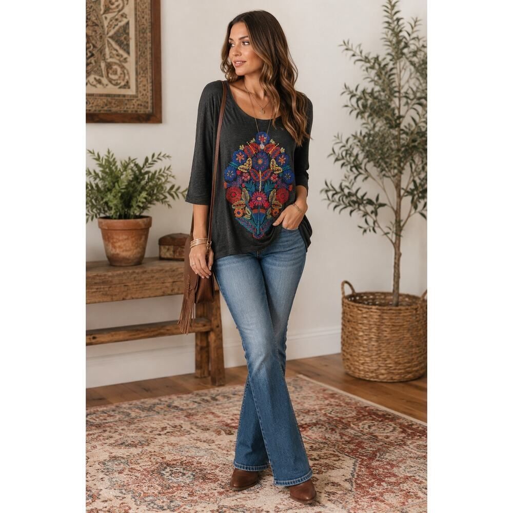 Lucky Brand Embroidered Floral Boho Top Black Folk Art Tunic 3/4 Sleeve Size Med